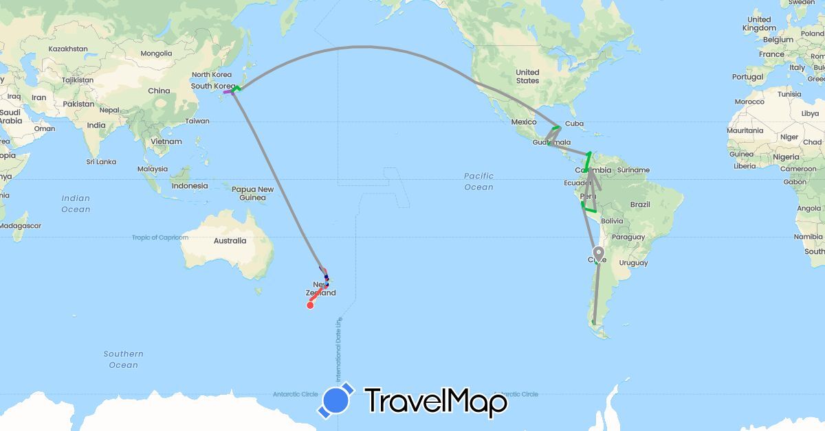 TravelMap itinerary: driving, bus, plane, train, hiking, boat in Chile, Colombia, Guatemala, Japan, Mexico, New Zealand, Peru, United States (Asia, North America, Oceania, South America)
